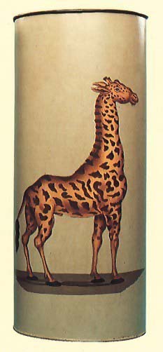 Giraffe, hand painted on sage green background umbrella stand with black interior.