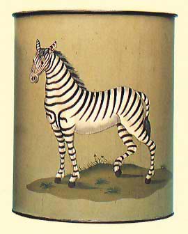 Zebra, hand painted on sage green waste bin with black interior.