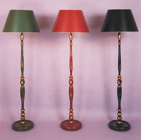 Japanned Floor Lamps, hand painted in green and gold, red and gold and black and gold with 23" shade