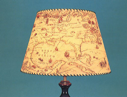 Columbus, parchment 17" shade, physical map of the north part of America, c 1792 with brown leather thonging.
