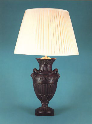 Albert, lamp base in antique bronze finish with 18" hand made silk pleated shade.