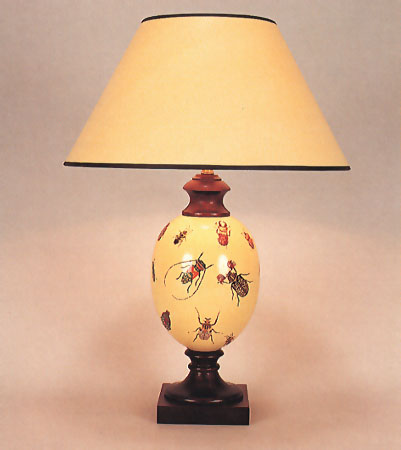 Decoupage Felbrigg lamp, Bugs on pale yellow background, mahogany base with 14" empire antique parchment black trim shade.