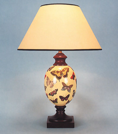 Decoupage Felbrigg lamp, Butterfly on pale yellow background, mahogany base with 14" empire antique parchment black trim shade.