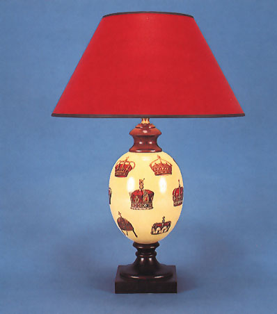 Decoupage Felbrigg lamp, Crowns on pale yellow background, mahogany base with 14" empire hand painted red black trim shade.