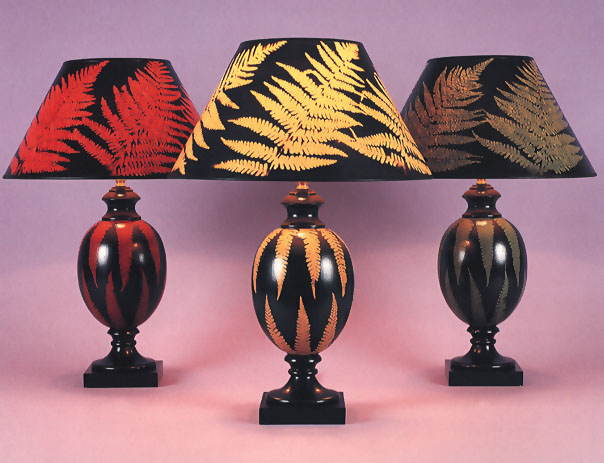 Felbrigg Ferns, hand painted lamp bases in three colourways with 14" empire hand painted fern shades.