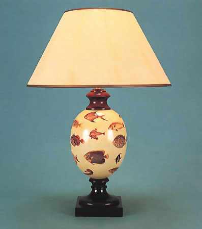 Decoupage Felbrigg lamp, Fish on pale yellow background, mahogany base with 14" empire antique parchment gold trim shade.