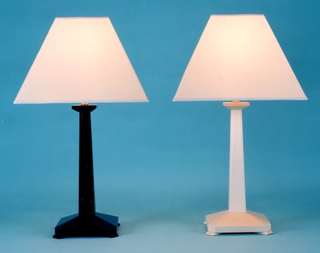 Gertie and Noel, sycamore and mahogany lamp bases with square antique parchment shade.