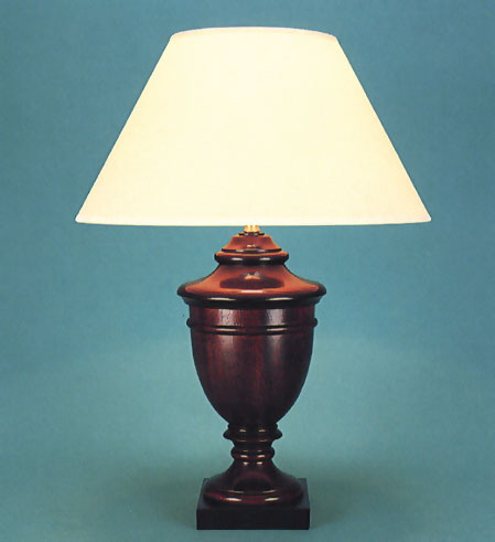 Holkham, mahogany lamp base with 14" empire china white card shade with self coloured trim.