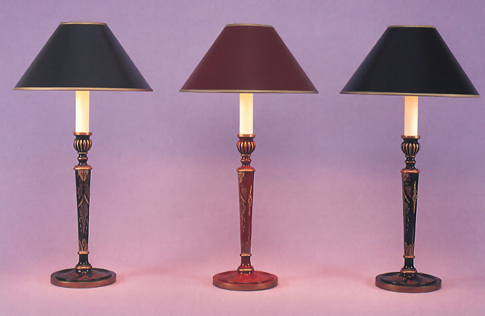 Japanned, hand painted lamp bases in three colourways with 12" coolie shades.