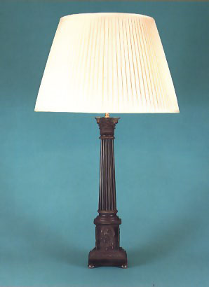 Kirtling, lamp base in antique bronze finish with 18" hand made silk pleated shade.
