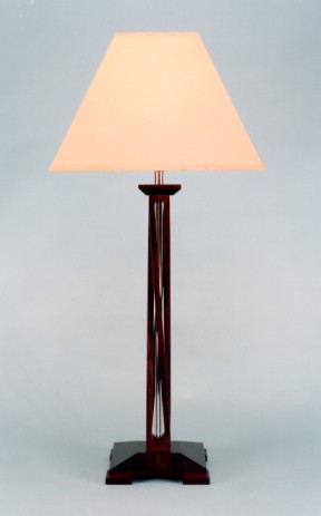 Kriss Kross, lamp base mahogany, square antique parchment shade.