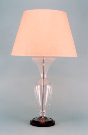 Mae West, lamp base glass, mahogany and chrome, antique parchment shade.