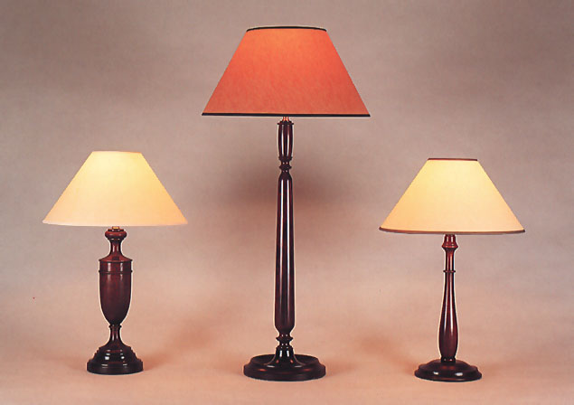 Ludwig / Philippe / William Mahogany, lamp bases with 14" & 12" shades and coloured trim.