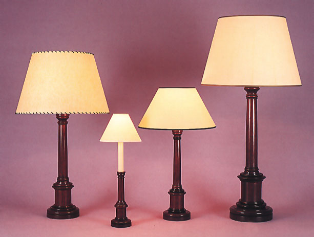 A1, A2, A3, A4 Mahogany, lamp bases with antique parchment shades