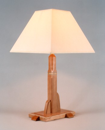 Manhattan, lamp base cherry with boxwood inlay, antique parchment shade.