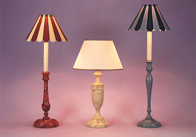 Painted Pieces 2, hand painted marble lamp bases in three colourways with 10" and 11" shades.