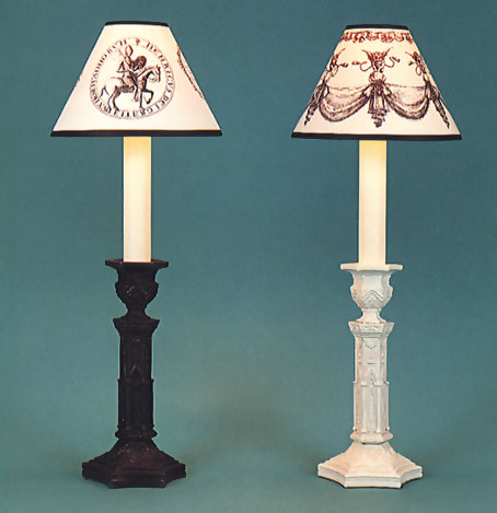 Pugin, lamp base in black or white with 7" black & white shade with black trim.