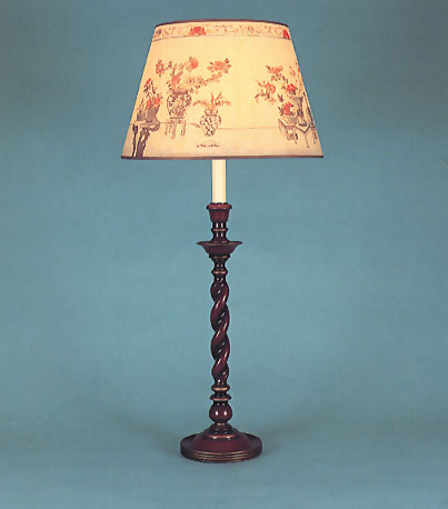 Carlos, mahogany lamp base with 17" chrysanthemum shade with gold trim.