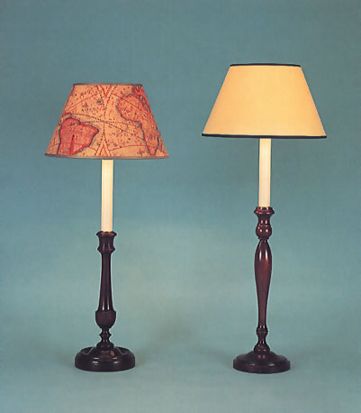 James & Josephine, mahogany lamp bases with 11" shade with coloured trim.
