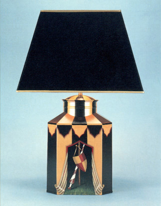 Campaign Tents, Octagonal black and gold lamp base with 17" rectangular sprayed black shade, gold interior and gold trim.