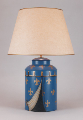 Campaign Tents, rounded tea canister blue & gold lamp base with 17" antique parchment shade with gold trim.