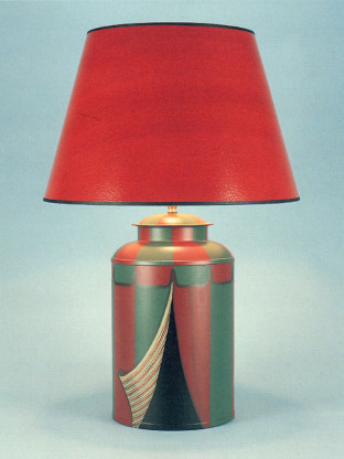 Campaign Tents, rounded tea canister red & green lamp base with 17" hand painted red shade with black trim.