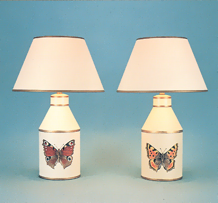 Chatsworth, hand painted peacock / tortoiseshell  butterfly on barley white background with 11" cream card shade with gold trim.