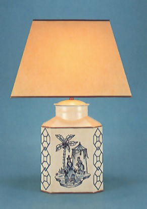Chinoiserie Octagonal, tea canister hand painted Chinoiserie in blue on broken white lamp base with 17" rectangular antique parchment shade with gold trim.