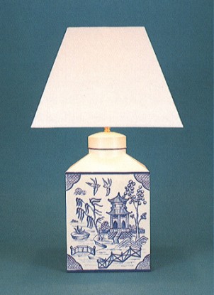 Chinoiserie Square, tea canister hand painted Willow pattern in blue on broken white lamp base with 14" square china white card shade with self coloured trim.
