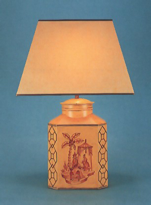 Chinoiserie Octagonal, tea canister hand painted Chinoiserie in terracotta on ochre lamp base with 17" rectangular antique parchment shade with gold trim.