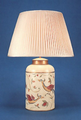 Chinoiserie Round, tea canister hand painted Exotic bird with 18" hand made pleated silk shade.