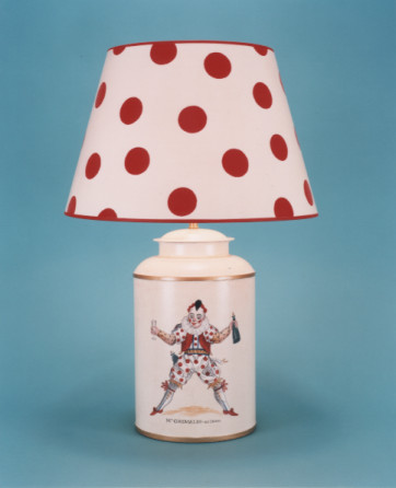 Grimaldi, hand painted tea canister lamp base, Mr Grimaldi as clown on barley white background with 17" shade.