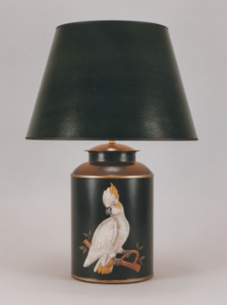 Cockatoo, lamp base on dark green background with 17" hand painted dark green shade with black trim.