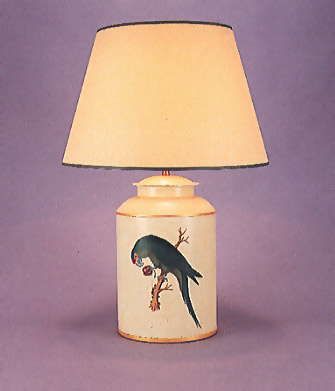 Cherry Parrot, lamp base on barley white background with 17" antique parchment shade with gold trim.