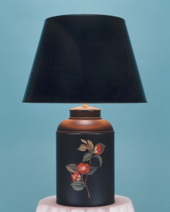 Mrs Delaney, tea canister lamp base, hand painted Camellia Japonica on black background with 17" sprayed black shade with gold interior and black trim.