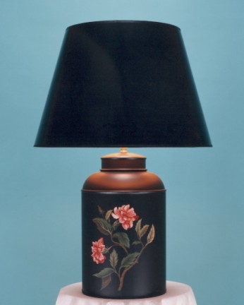 Mrs Delaney, tea canister lamp base, hand painted China Rose on black background with 17" sprayed black shade with gold interior and black trim.