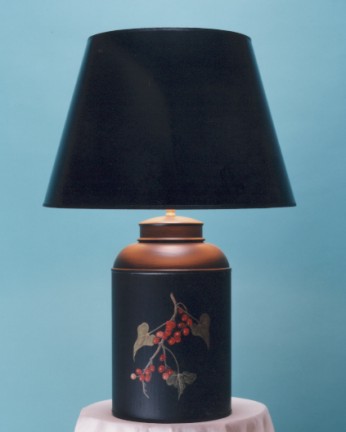 Mrs Delaney, tea canister lamp base, hand painted Briony on black background with 17" sprayed black shade with gold interior and black trim.