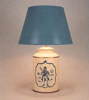 Delft tile, lamp base on barley white background with 17" hand painted blue shade with blue trim.