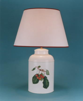 Fabulous Fruit, tea canister lamp base, hand painted Cherry on barley white background with 17" plain parchment shade with hand painted cherry trim.