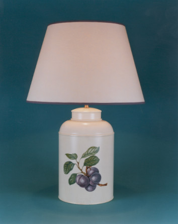 Fabulous Fruit, tea canister lamp base, hand painted Plum on barley white background with 17" plain parchment shade with hand painted plum trim.