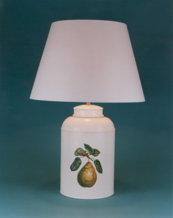 Fabulous Fruit, tea canister lamp base, hand painted Pear on barley white background with 17" plain parchment shade with self coloured trim.