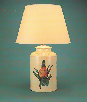 Fabulous Fruit, tea canister lamp base, hand painted Pineapple on barley white background with 17" antique parchment shade with self coloured trim.