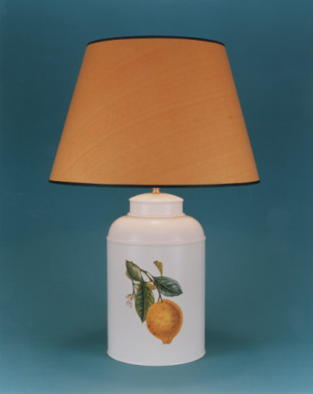 Fabulous Fruit, tea canister lamp base, hand painted Lemon on barley white background with 17" dark yellow  shade with black trim.