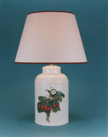 Fabulous Fruit, tea canister lamp base, hand painted Strawberry on barley white background with 17" plain parchment shade with hand painted strawberry trim.
