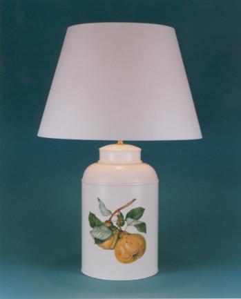 Fabulous Fruit, tea canister lamp base, hand painted Quince on barley white background with 17" plain parchment shade with self coloured trim.