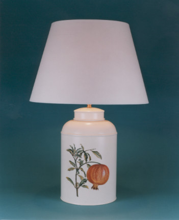 Fabulous Fruit, tea canister lamp base, hand painted Pomegranate on barley white background with 17" plain parchment shade with self coloured trim.