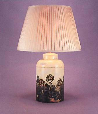 Flora all round Primula, tea canister lamp base, flora on barley white background with 18" hand made pleated silk shade.