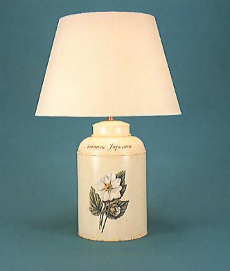 Flora Anemone, tea canister lamp base, flora on barley white background with 17" plain parchment shade with  self coloured trim.