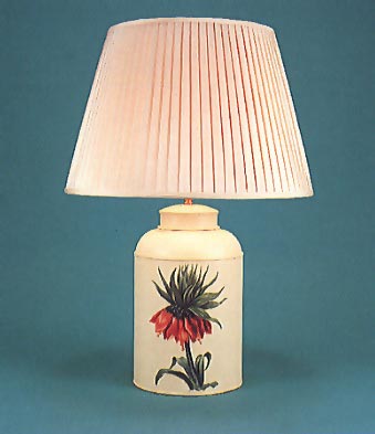 Flora Crown imperial, tea canister lamp base, flora on barley white background with 18" hand made pleated silk shade.