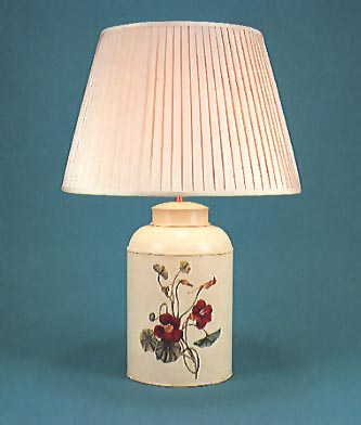 Flora Nasturtium, tea canister lamp base, flora on barley white background with 18" hand made pleated silk shade.